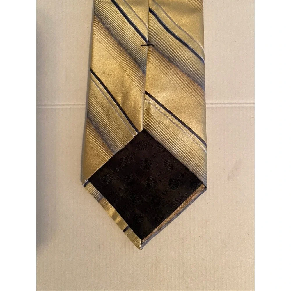 Perry Ellis Portfolio Mens Gold Silk Stripe Necktie Navy Blue Silver Classic Tie